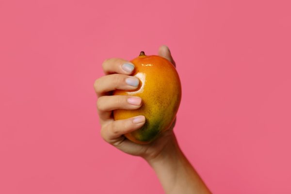 person holding ripe mango fruit